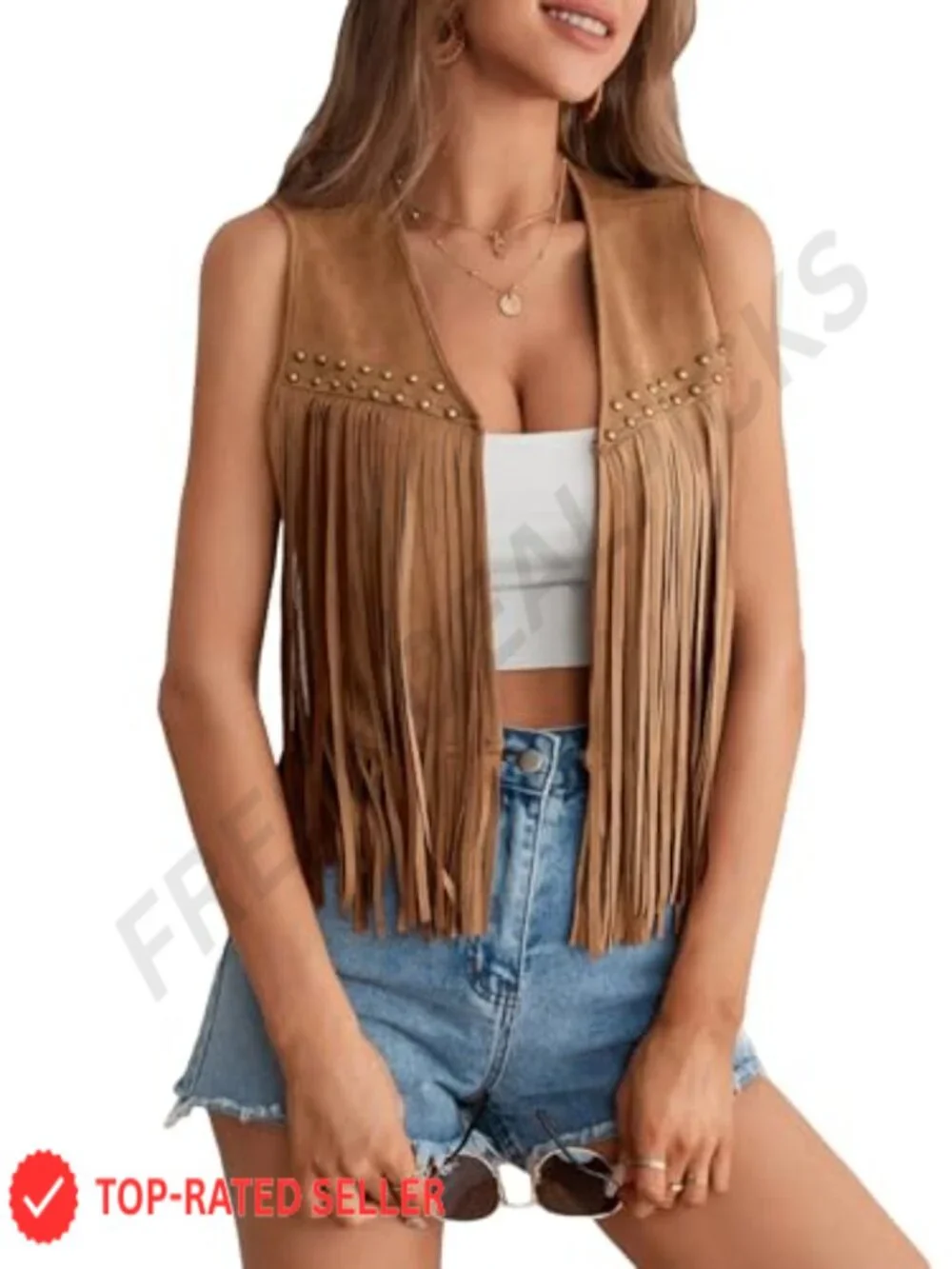 Faux Suede Fringe Vest for Women 70s Cowgirl Concert Outfit Tassel Sleeveless